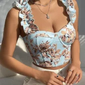 Bustier Laurie bleu clair (photo principale), vue de devant sous un angle mettant en valeur l’imprimé floral.