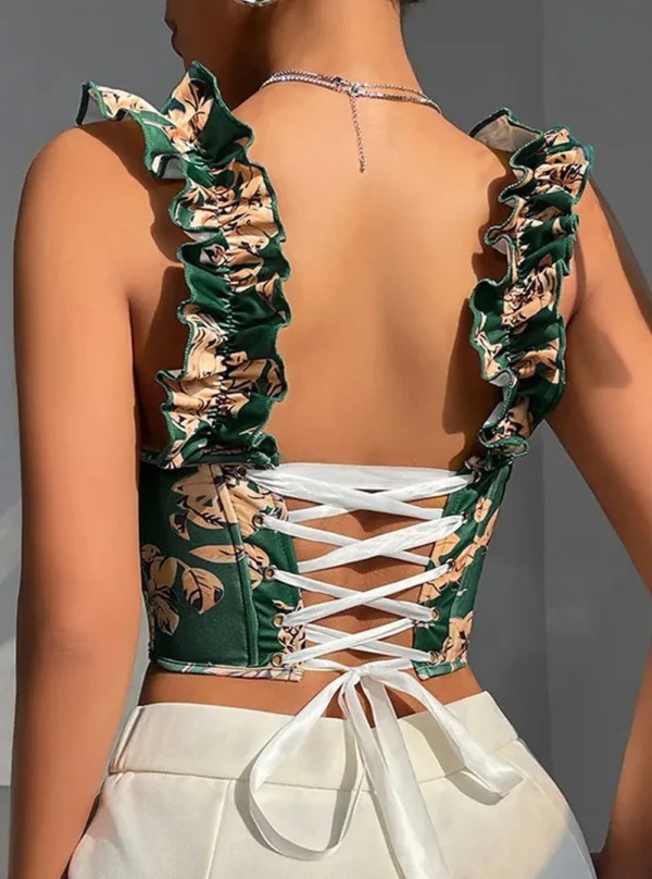 Bustier Laurie vert, vue de dos soulignant le laçage corset et les détails floraux.