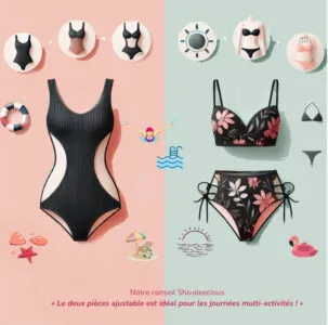 Infographie comparant maillot une pièce et deux pièces : avantages, conseils morphologie et activités 2025 Shivaleecious