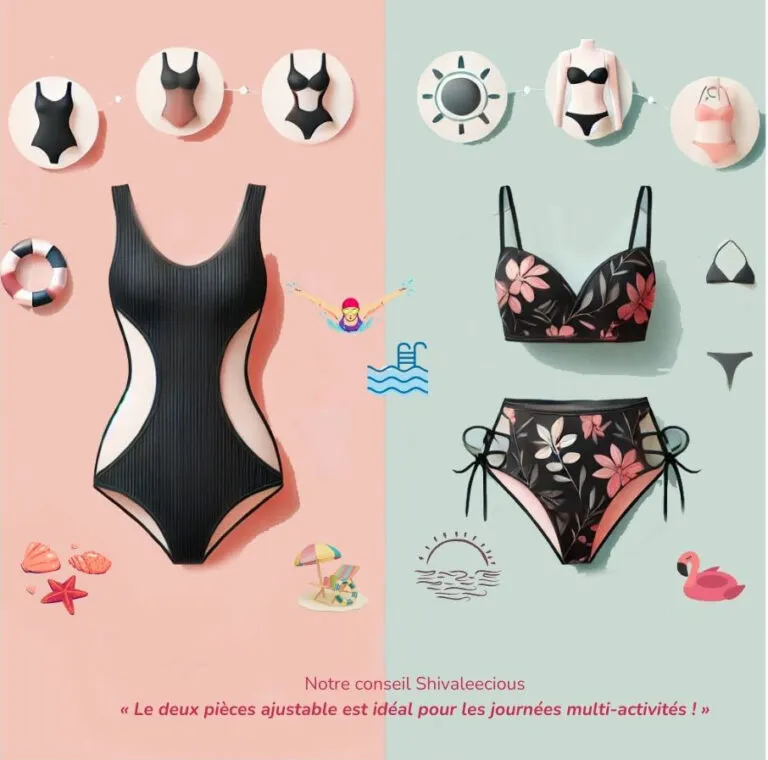 Infographie comparant maillot une pièce et deux pièces : avantages, conseils morphologie et activités 2025 Shivaleecious