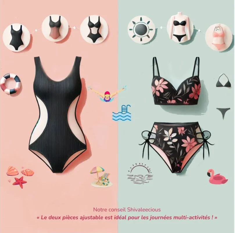 Infographie comparant maillot une pièce et deux pièces : avantages, conseils morphologie et activités 2025 Shivaleecious