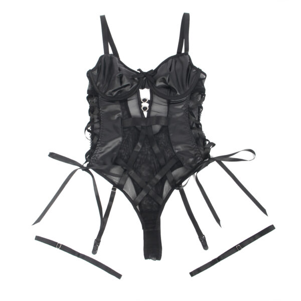 Body cuir avec jarretelles, résille et lacets Isalynn (5) Body cuir avec jarretelles, résille et lacets Isalynn
