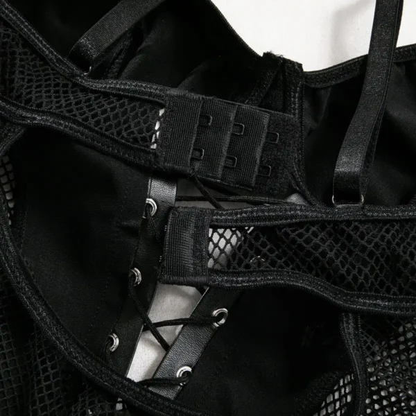 Body cuir, résille et ficelles Romana (vue réelle, arrière)