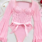 Body manches longues bouffantes rose à plat.