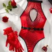 Body rouge résille sexy dos nu – produit à plat.