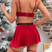 Ensemble Mère Noël rouge en velours avec jupette et jarretières vu de dos