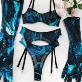 Ensemble lingerie marbré 5 pièces bleu - produits à plat Ensemble lingerie marbré bleu 5 pièces présenté à plat.