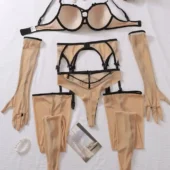 Ensemble lingerie sexy transparent beige 5 pièces (vue réelle, arrière)