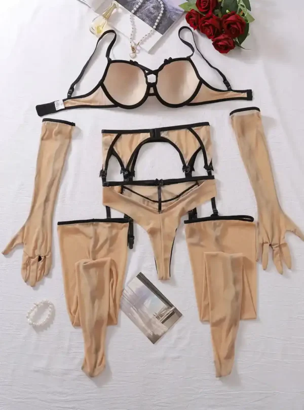 Ensemble lingerie sexy transparent beige 5 pièces (vue réelle, arrière)