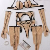 Ensemble lingerie sexy transparent beige 5 pièces (vue réelle, avant)