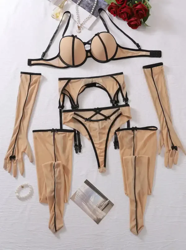 Ensemble lingerie sexy transparent beige 5 pièces (vue réelle, avant)