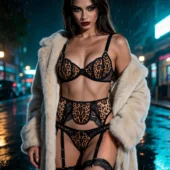 Lingerie léopard dentelle noire portée, vue de face, nuit urbaine — Shivaleecious