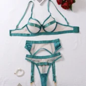 Passion Envoûtante – Lingerie Sexy Rouge ou Bleue 5 pièces - bleu produit à plat Ensemble de lingerie Passion Envoûtante bleu océan 5 pièces présenté à plat.