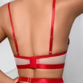 Passion Envoûtante – Lingerie Sexy Rouge ou Bleue 5 pièces - rouge dos Vue de dos d'une femme en lingerie rouge Passion Envoûtante, string et porte-jarretelles.