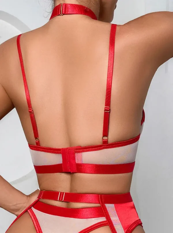 Passion Envoûtante – Lingerie Sexy Rouge ou Bleue 5 pièces - rouge dos Vue de dos d'une femme en lingerie rouge Passion Envoûtante, string et porte-jarretelles.