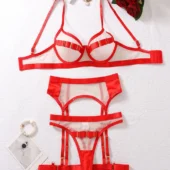 Passion Envoûtante – Lingerie Sexy Rouge ou Bleue 5 pièces - rouge produit à plat Ensemble de lingerie Passion Envoûtante rouge 5 pièces déplié : soutien-gorge, string, porte-jarretelles et jambières.