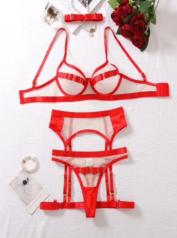 Passion Envoûtante – Lingerie Sexy Rouge ou Bleue 5 pièces - rouge produit à plat Ensemble de lingerie Passion Envoûtante rouge 5 pièces déplié : soutien-gorge, string, porte-jarretelles et jambières.