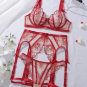 Rêve Carmin – Lingerie brodée rouge transparente 3 pièces - produit à plat Lingerie brodée rouge transparente 3 pièces présentée à plat avec soutien-gorge, string et porte-jarretelles.