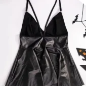 Robe en cuir noire coupe large Dorélia (arrière, matière brillante) Robe en cuir noire coupe large Dorélia (arrière, matière brillante)