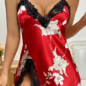 Nuisette sexy satin – Élégance florale (noir ou rouge)