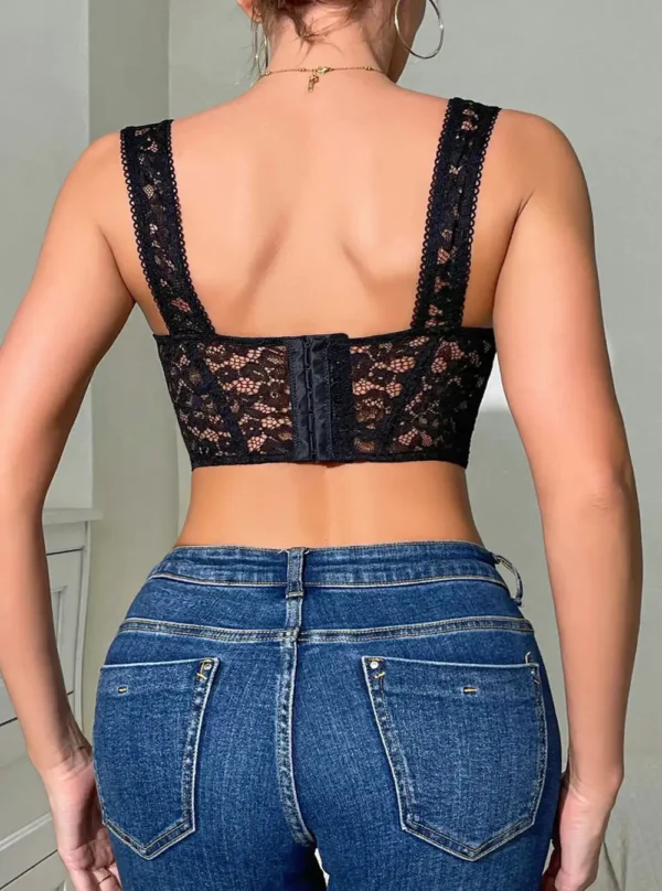 Bustier dentelle noire structuré à armatures -dos Dos du bustier dentelle noire avec dentelle et fermeture à agrafes