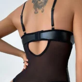 Body cuir noir sculptant décolleté structuré - dos Body cuir noir sculptant dos transparent