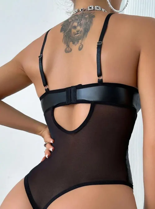 Body cuir noir sculptant dos transparent