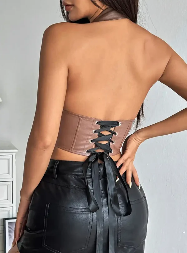 Bustier corset en cuir Sasha marron vue arrière