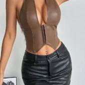 Bustier corset en cuir Sasha marron détail avant