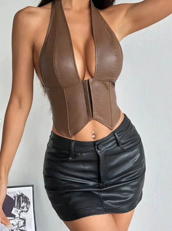 Bustier corset en cuir Sasha marron détail avant