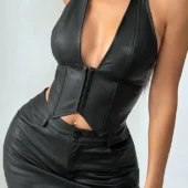 Bustier corset en cuir Sasha noir vue de face