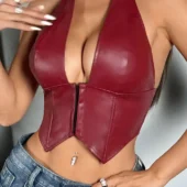 Bustier corset en cuir Sasha rouge vue de face