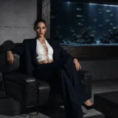 Haut cuir lacé Bianca blanc, pose assise sur fauteuil cuir noir, aquarium en arrière-plan