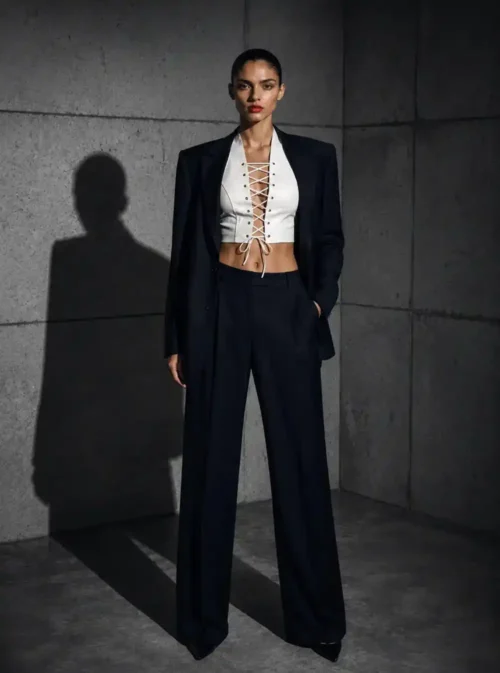 Haut cuir lacé Bianca blanc, vue de face, porté avec blazer marine et pantalon large
