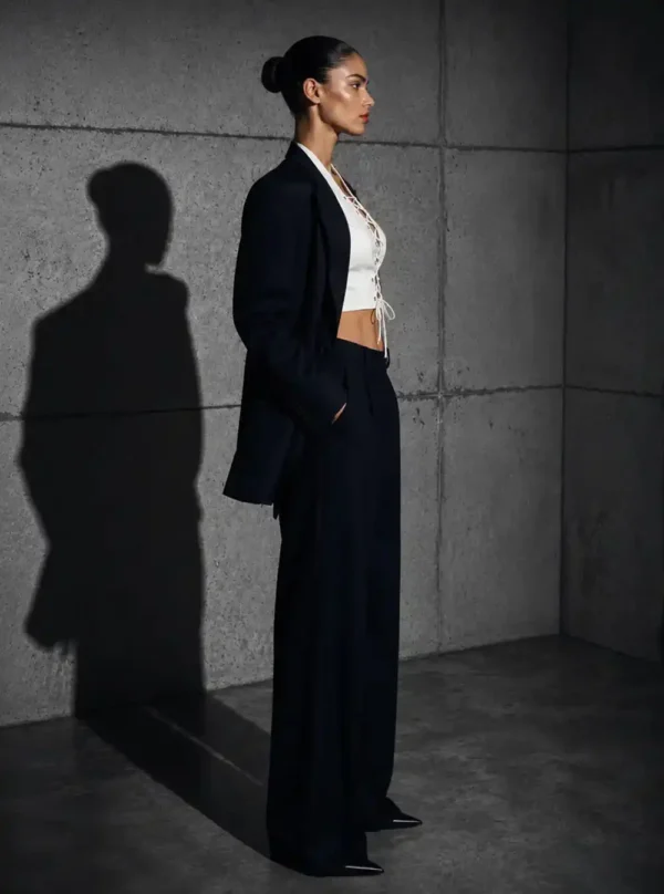 Haut cuir lacé Bianca blanc, vue de profil, ombre portée béton et pantalon large marine