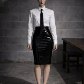 Jupe moulante cuir Fatal Flow noire, vue de face, chemise blanche et cravate noire