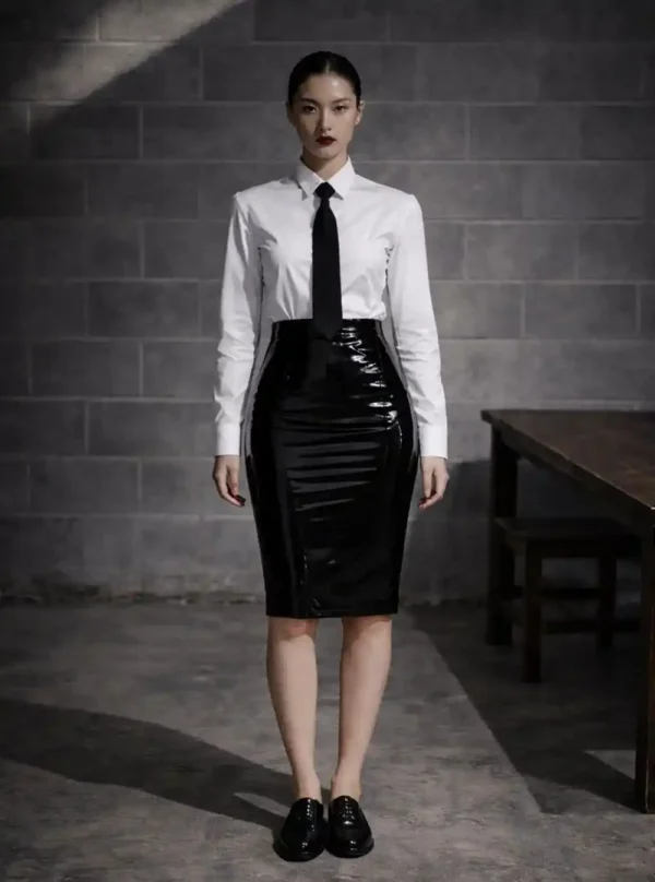 Jupe moulante cuir Fatal Flow noire, vue de face, chemise blanche et cravate noire
