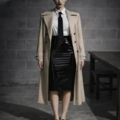 Jupe moulante cuir Fatal Flow noire portée avec manteau long beige et cravate, vue de face