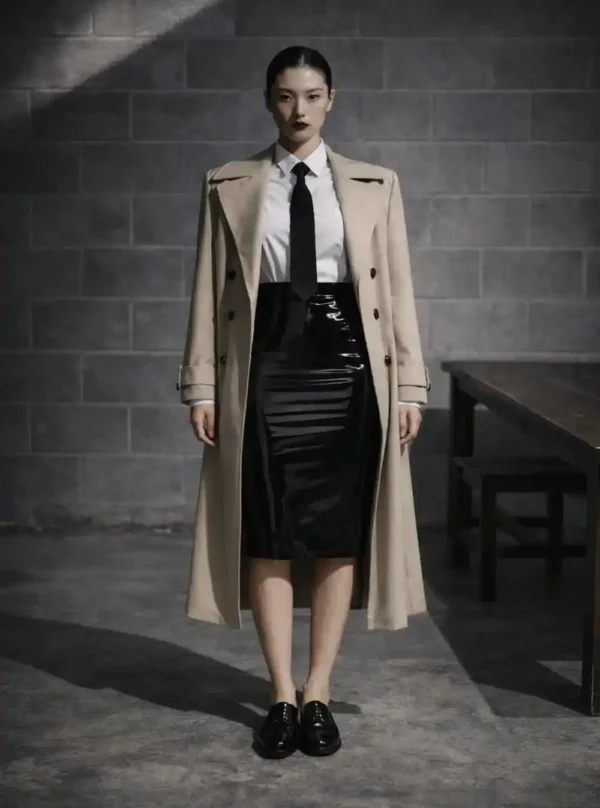 Jupe moulante cuir Fatal Flow noire portée avec manteau long beige et cravate, vue de face