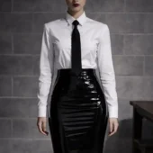 Jupe moulante cuir Fatal Flow noire, taille haute et coupe gainante, plan rapproché