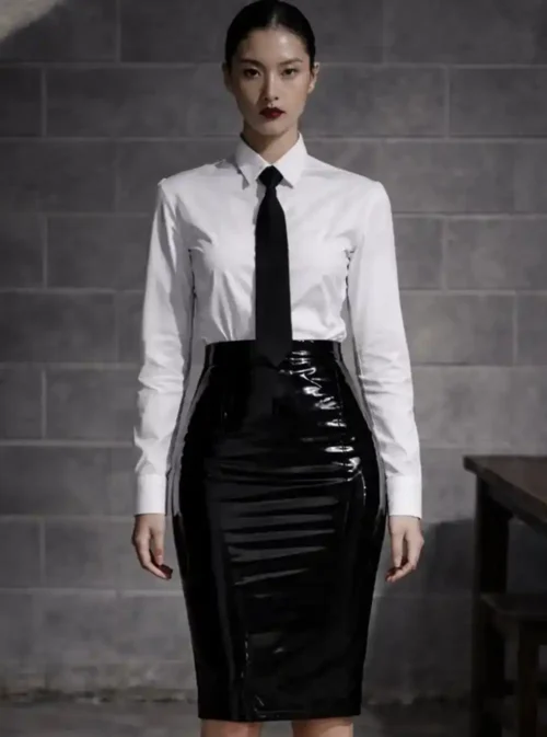 Jupe moulante cuir Fatal Flow noire, taille haute et coupe gainante, plan rapproché