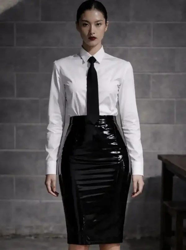 Jupe moulante cuir Fatal Flow noire, taille haute et coupe gainante, plan rapproché
