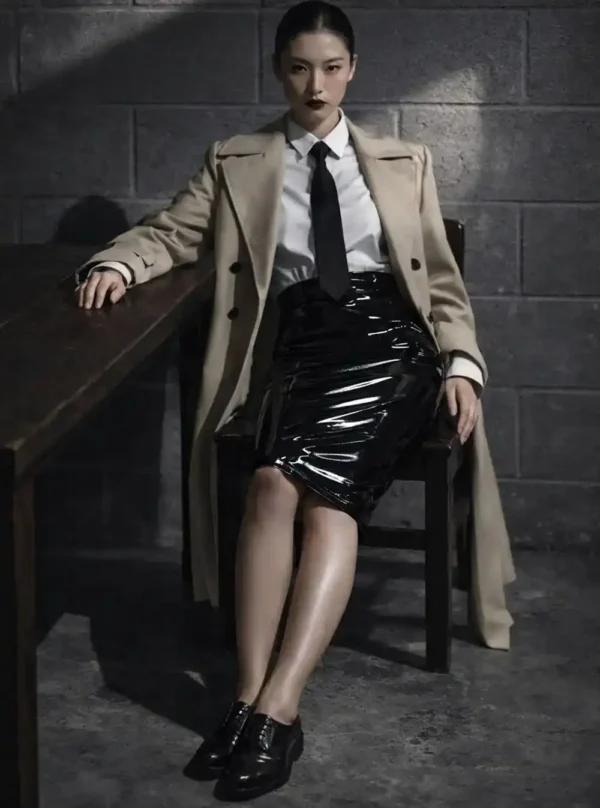 Jupe moulante cuir Fatal Flow noire, pose assise avec manteau beige, table en bois massif