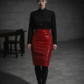 Jupe moulante cuir Fatal Flow rouge, vue de face, chemise noire boutonnée