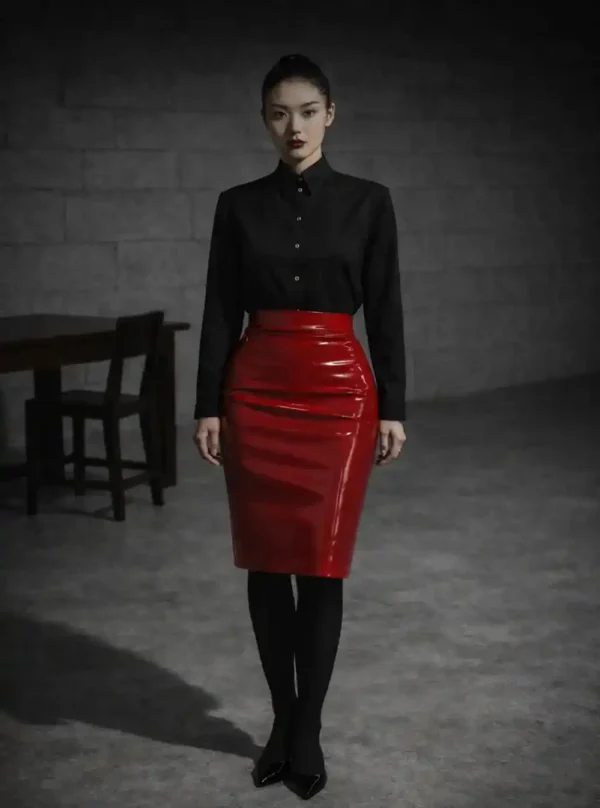 Jupe moulante cuir Fatal Flow rouge, vue de face, chemise noire boutonnée