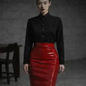 Jupe moulante cuir Fatal Flow rouge, taille haute et cuir brillant, plan rapproché