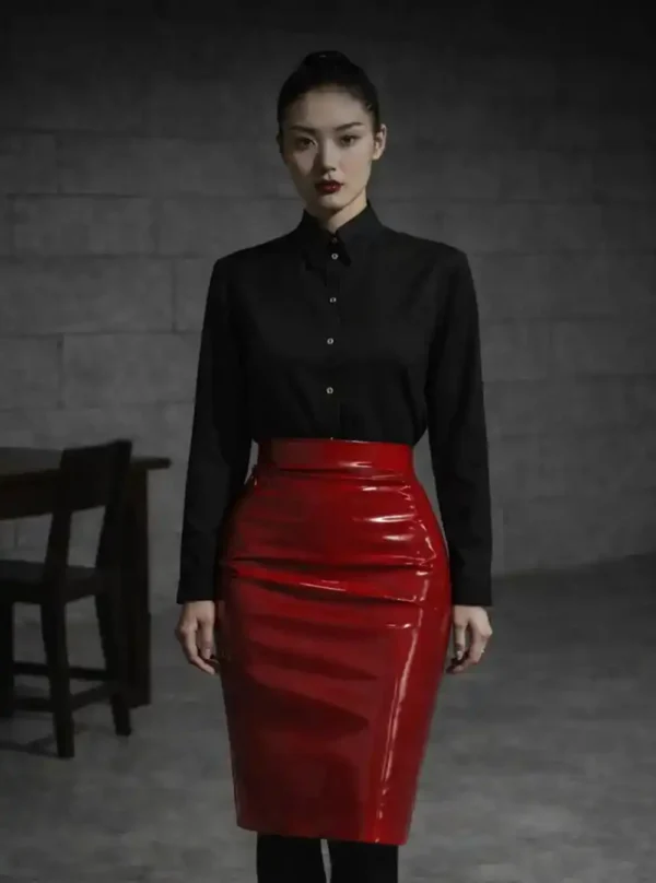 Jupe moulante cuir Fatal Flow rouge, taille haute et cuir brillant, plan rapproché