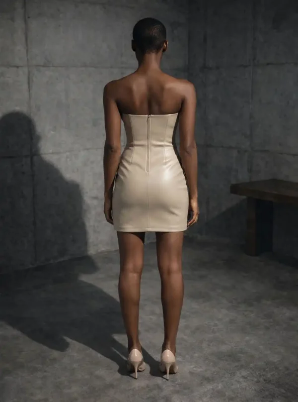 Robe bustier en cuir Aspa beige, vue de dos, fermeture éclair centrale et découpes bustier