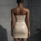 robe-bustier-cuir-aspa-beige-dos-zoom Robe bustier en cuir Aspa beige, vue de dos, fermeture éclair et découpes bustier, plan rapproché