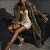 Robe bustier en cuir Aspa beige portée avec un manteau fourrure kaki, mannequin assise sur fauteuil en cuir noir